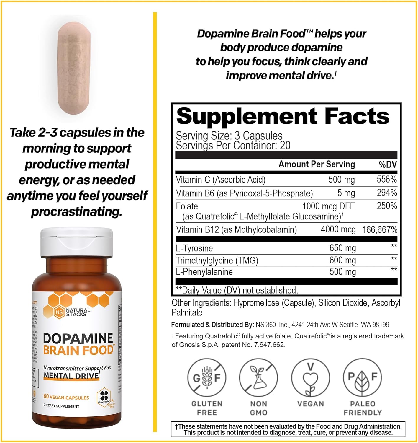 Dopamine Brain Food Supplement with L-Tyrosine for Focus & Energy - 60 Capsules