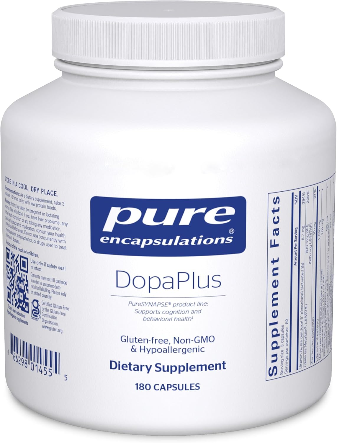 DopaPlus Capsules - Promotes Dopamine Production for Brain Function - with Folate, B6, L-5-MTHF - Non-GMO, Vegan - 180 Count