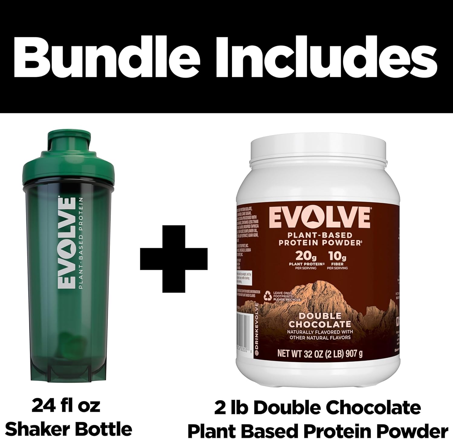 Double Chocolate Evolve Plant Based Protein Powder - 20g Vegan Protein, Dairy Free, Non-GMO, 3g Fiber - 2 lb + BPA-free Blender Bottle