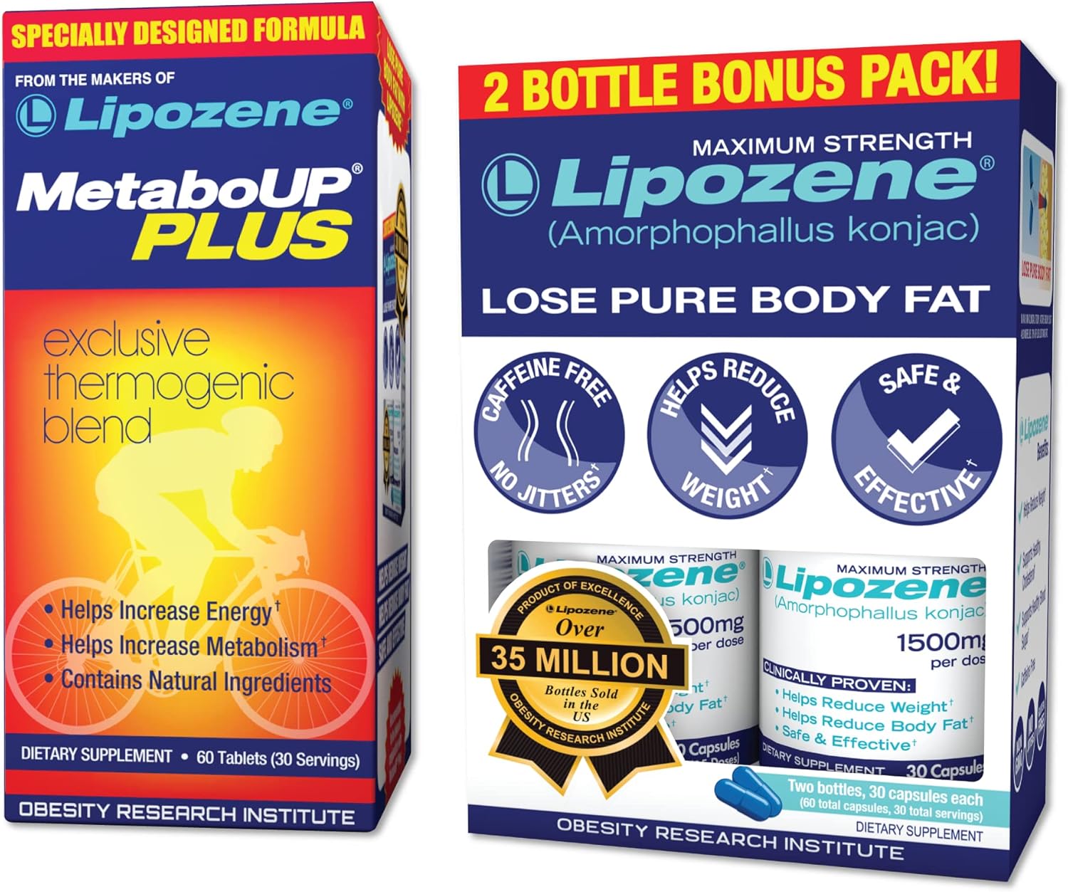 Double Pack Lipozene Weight Loss Pills with MetaboUp Plus Thermogenic Supplement - Appetite Suppressant for Effective Results