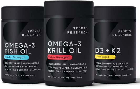 Double Strength Antarctic Krill Oil Omega 3 with Phospholipids, Choline, and Astaxanthin, Triple Strength Wild Alaska Pollock Fish Oil with Vitamin D3 K2 - 2250mg Omega 3 Power Pack