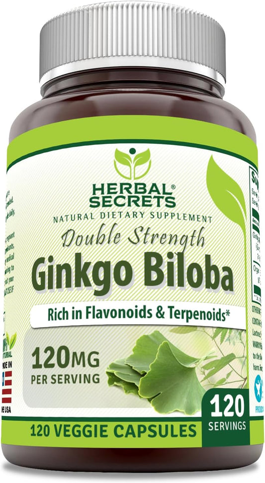 Double Strength Herbal Secrets Ginkgo Biloba Supplement - 120 Mg - 120 Veggie Capsules - Non-GMO - Gluten-Free - USA Made