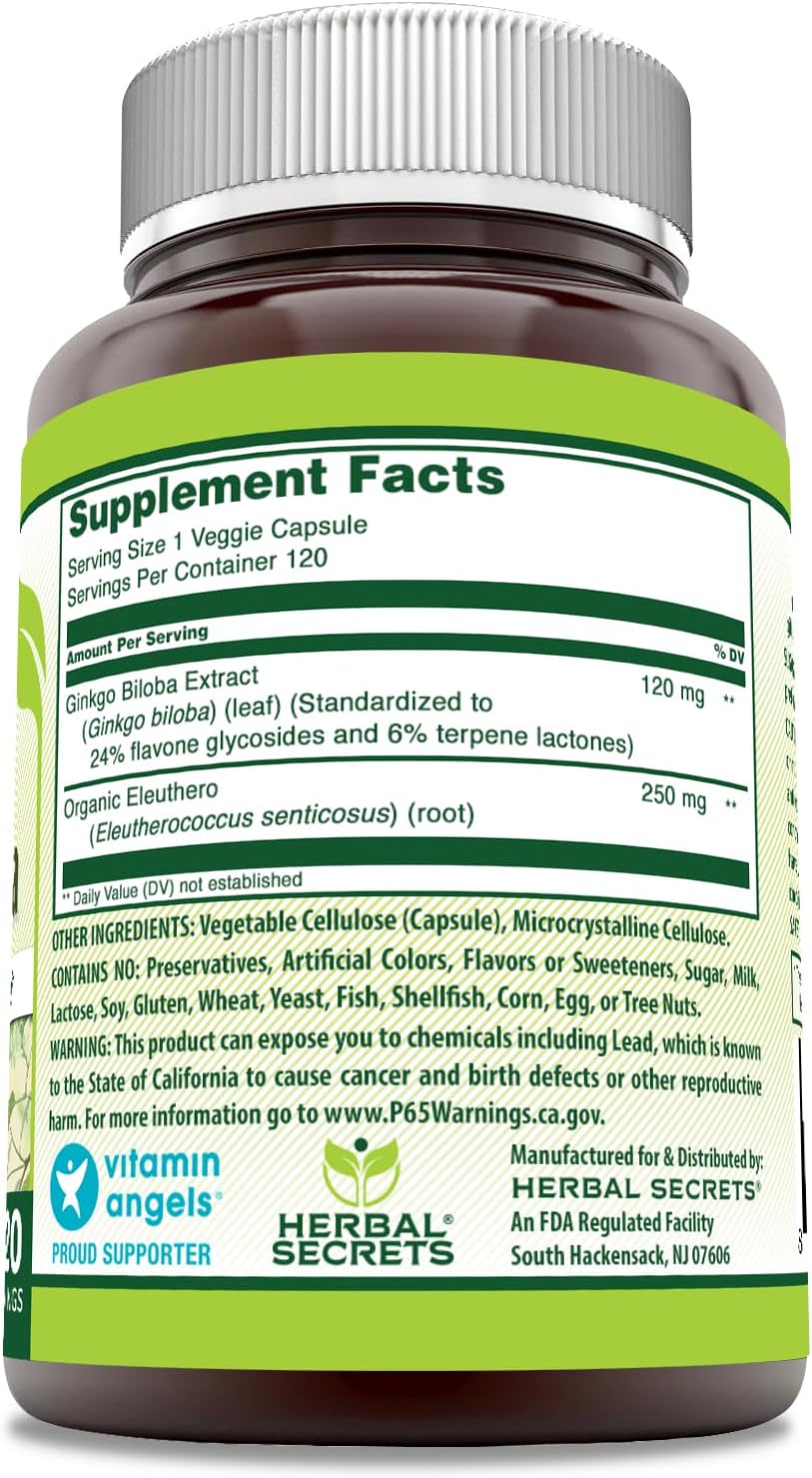 Double Strength Herbal Secrets Ginkgo Biloba Supplement - 120 Mg - 120 Veggie Capsules - Non-GMO - Gluten-Free - USA Made