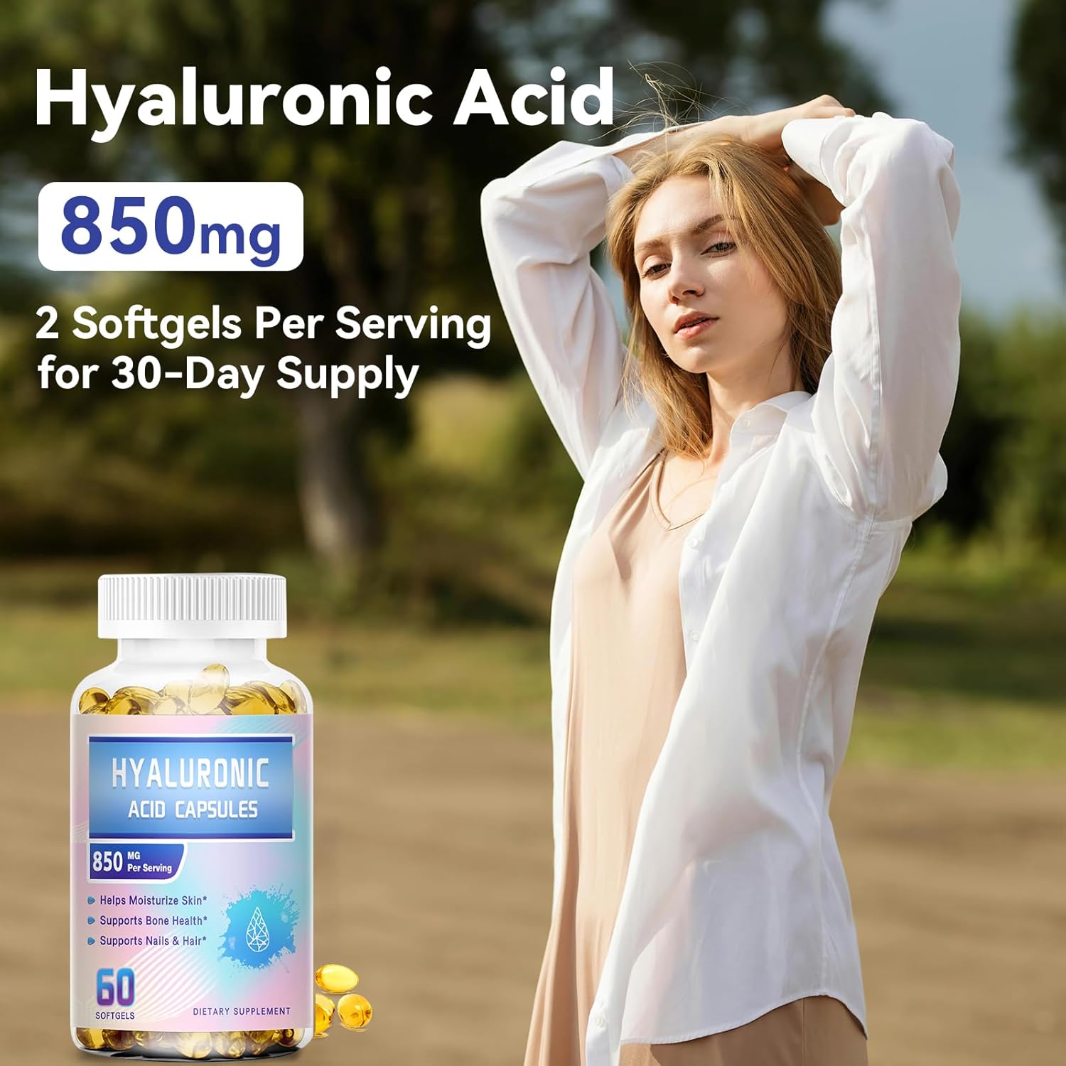 Double Strength Hyaluronic Acid Supplements for Skin, Joints, Eyes, Hair & Nails - 850mg High Bioavailability Capsules