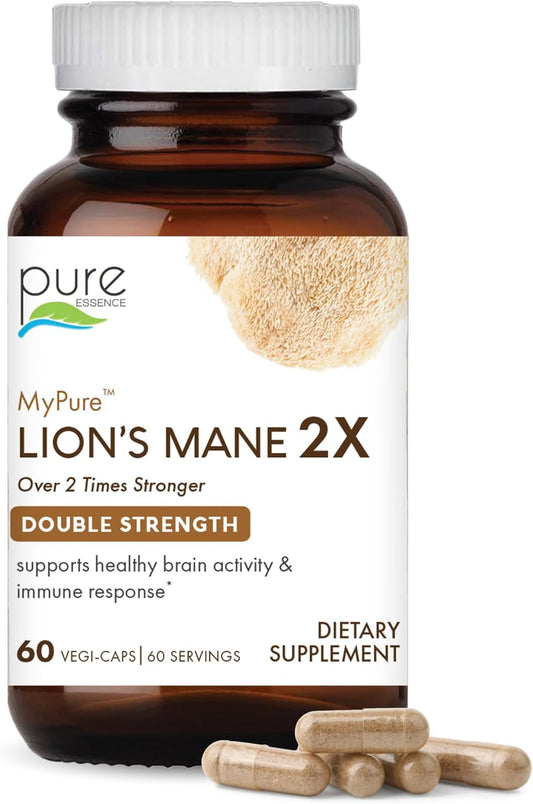 Double Strength Lion's Mane Brain Support Supplement - 100% Organic Fruiting Body for Cognitive Health, Focus, Memory & Mental Clarity - 60 Capsules by PURE ESSENCE LABS