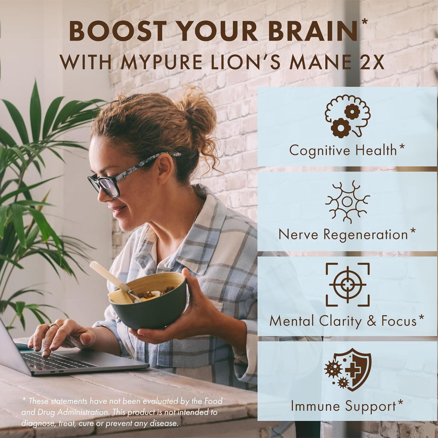Double Strength Lion's Mane Brain Support Supplement - 100% Organic Fruiting Body for Cognitive Health, Focus, Memory & Mental Clarity - 60 Capsules by PURE ESSENCE LABS