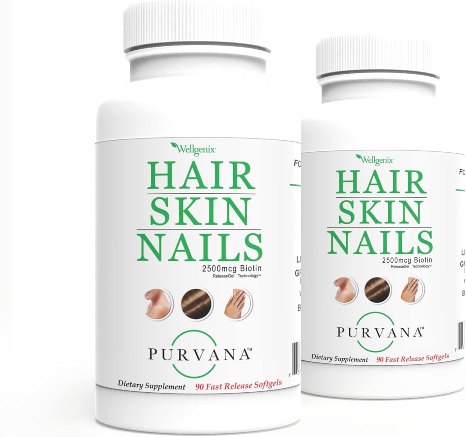 Double Strength Wellgenix Purvana Hair Skin Nails Vitamin Softgels with High Absorption - 2500mcg Biotin, VIT A & B (90 Count) 2-Pack