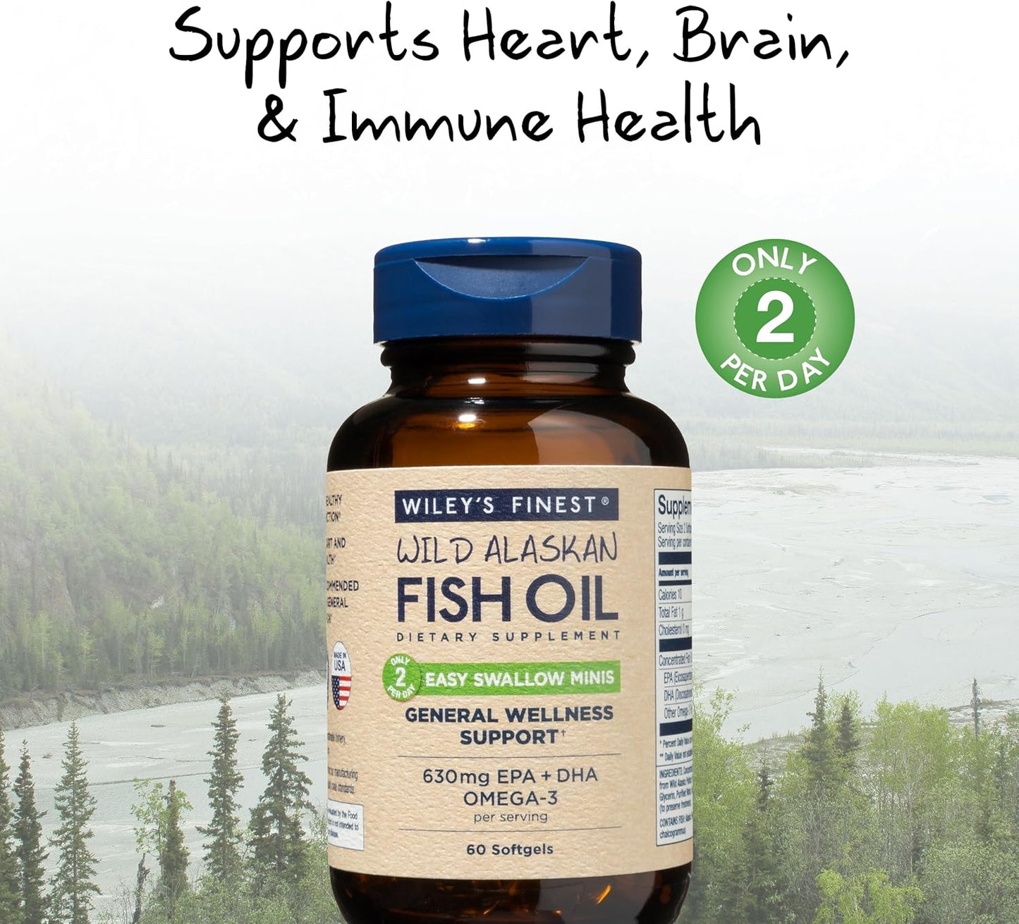Double-Strength Wild Alaskan Fish Oil Easy Swallow Minis - Omega-3 Supplement for Adults & Kids - 630mg EPA/DHA - 60 Mini Softgels