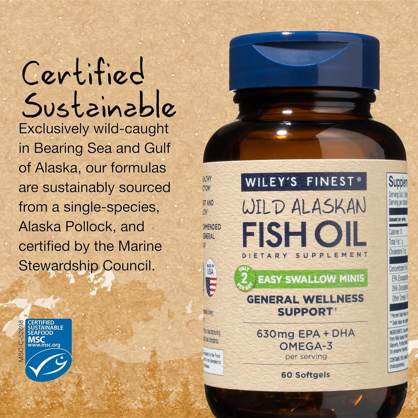 Double-Strength Wild Alaskan Fish Oil Easy Swallow Minis - Omega-3 Supplement for Adults & Kids - 630mg EPA/DHA - 60 Mini Softgels