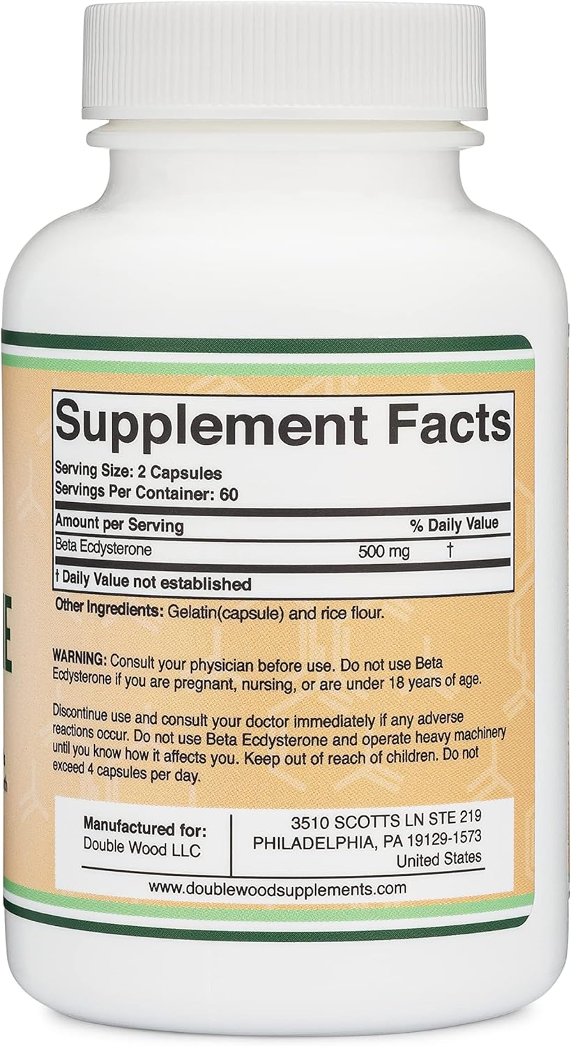 Double Wood Beta Ecdysterone Supplement - 500mg (120 Capsules) Plant Anabolic for Men's Health - Non-GMO, Gluten Free