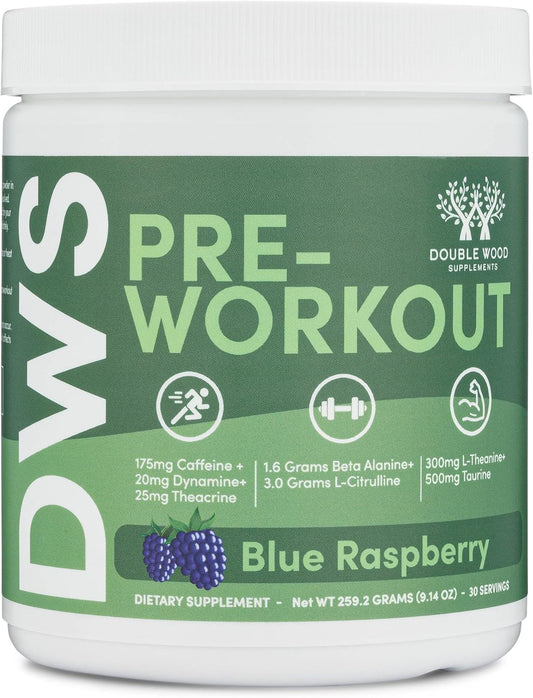 Double Wood Pre Workout Powder for Men & Women - 30 Servings with Caffeine, Beta Alanine, L-Citrulline, Dynamine, L-Theanine, Taurine, Theacrine - Includes Scoop (Blue Raspberry Flavor)