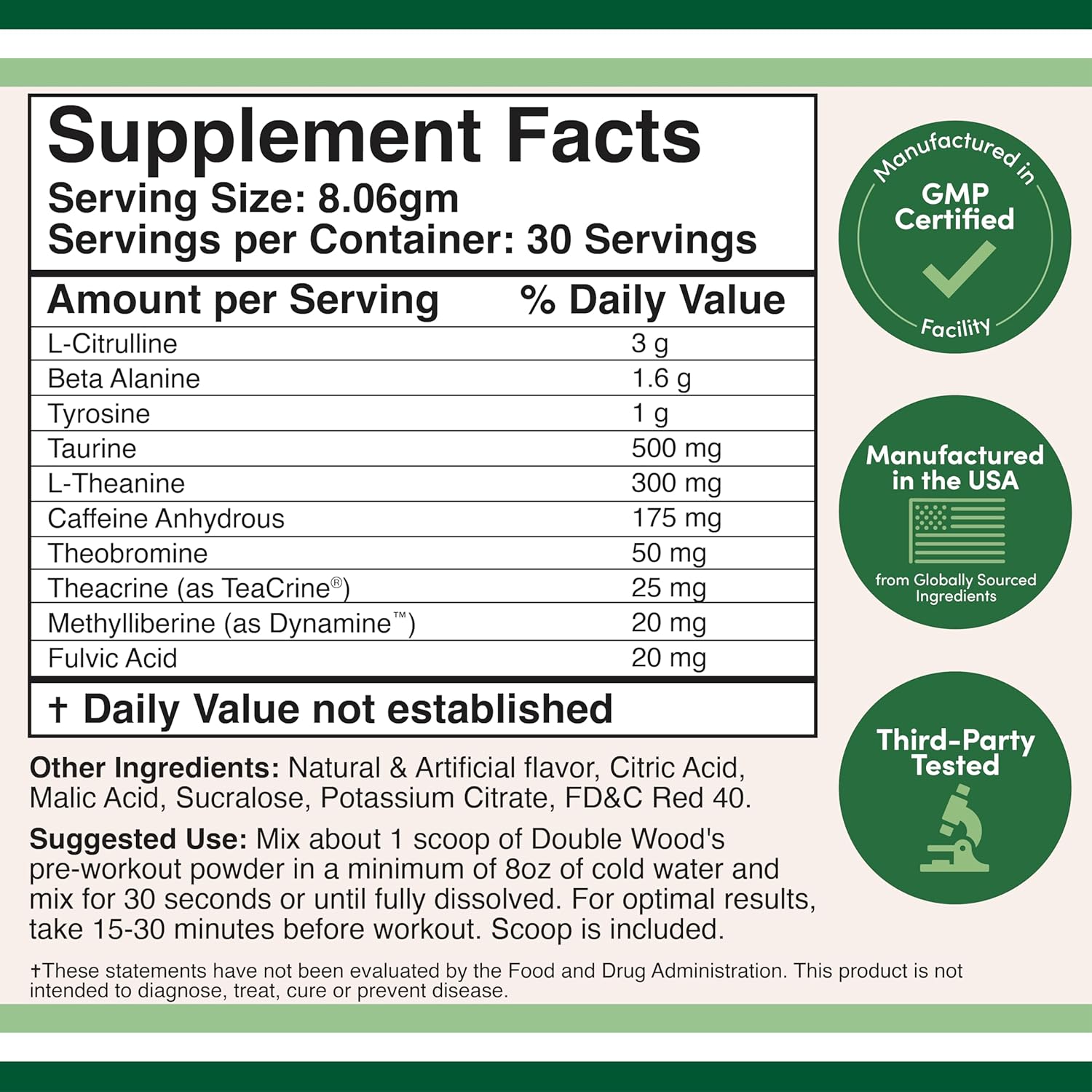 Double Wood Pre Workout Powder for Men & Women - Caffeine, Beta Alanine, L-Citrulline, Dynamine, L-Theanine, Taurine, Theacrine - 30 Servings (Watermelon Lime)