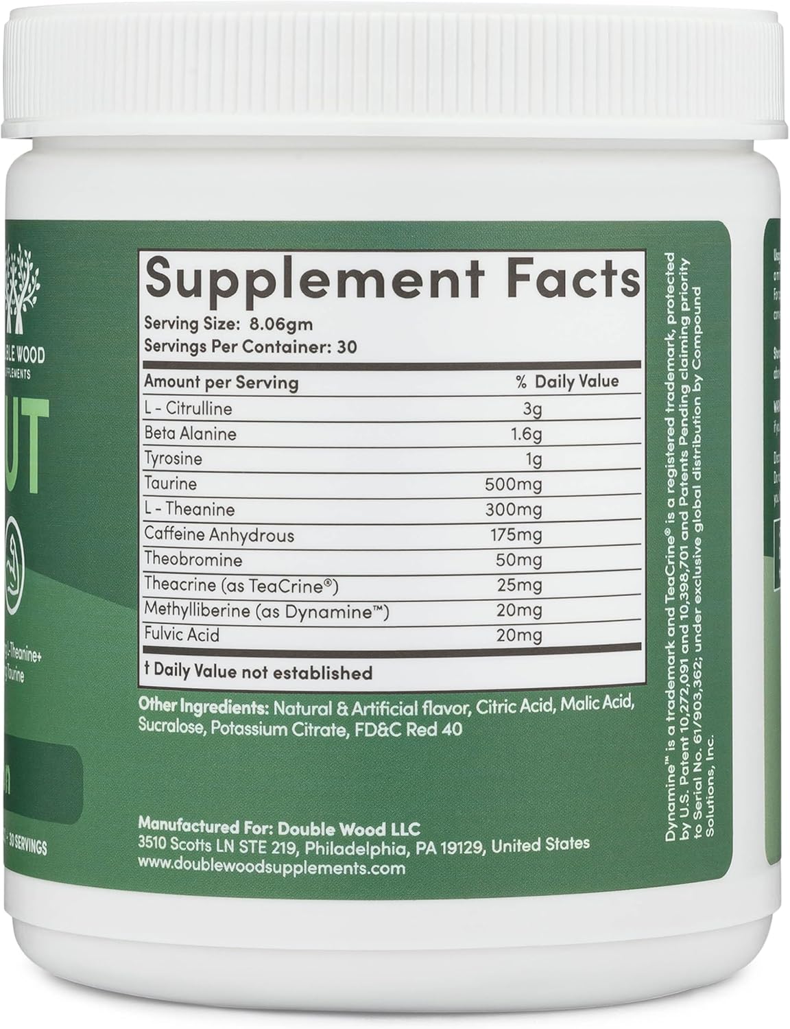 Double Wood Pre Workout Powder for Men & Women - Caffeine, Beta Alanine, L-Citrulline, Dynamine, L-Theanine, Taurine, Theacrine - 30 Servings (Watermelon Lime)