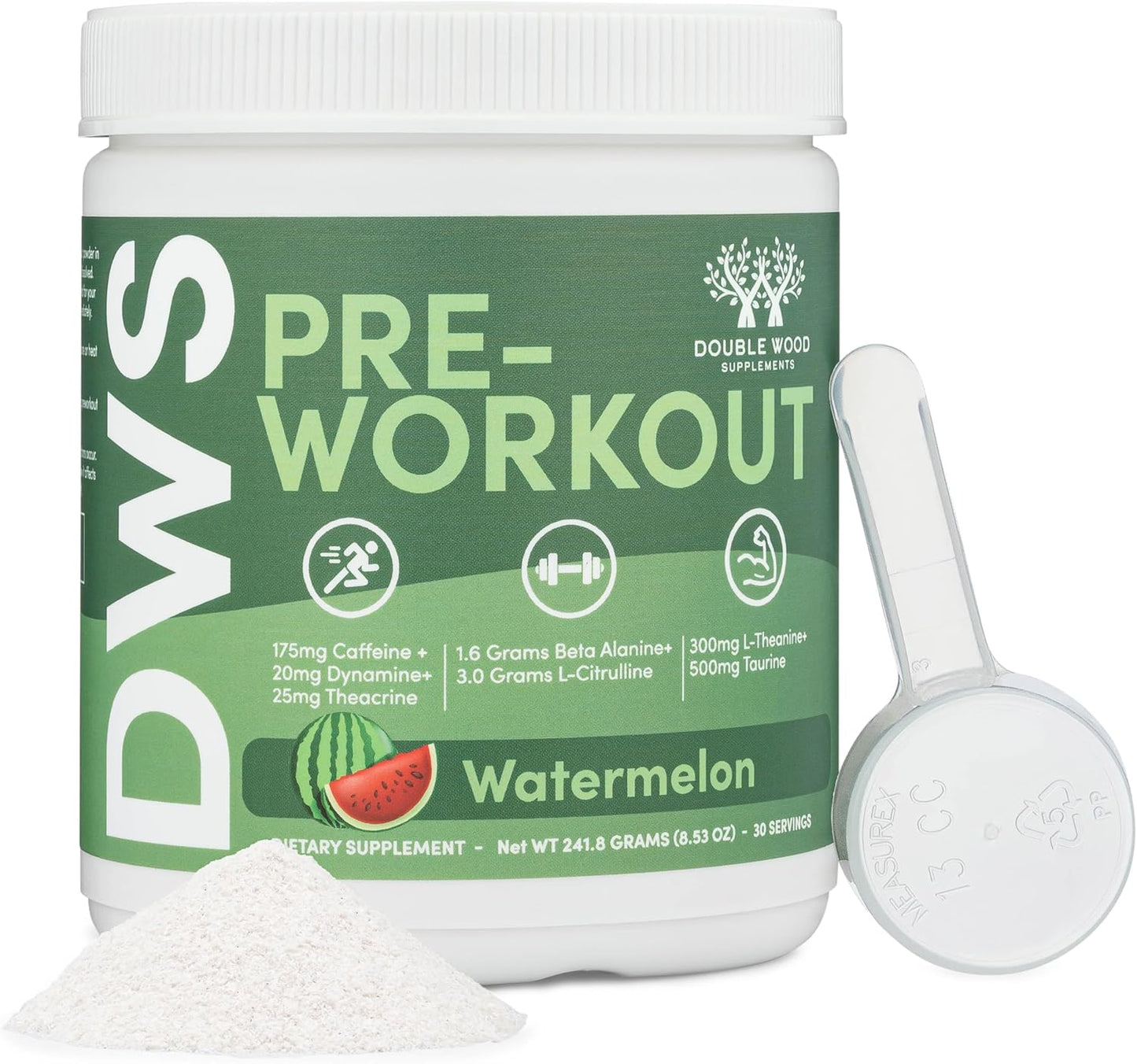 Double Wood Pre Workout Powder for Men & Women - Caffeine, Beta Alanine, L-Citrulline, Dynamine, L-Theanine, Taurine, Theacrine - 30 Servings (Watermelon Lime)