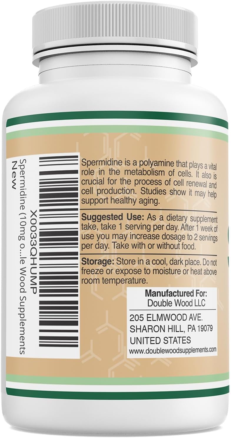 Double Wood Spermidine Supplement - 120 Capsules (10mg 99% Spermidine 3HCL) - Third Party Tested for Cell Membrane and Telomere Health