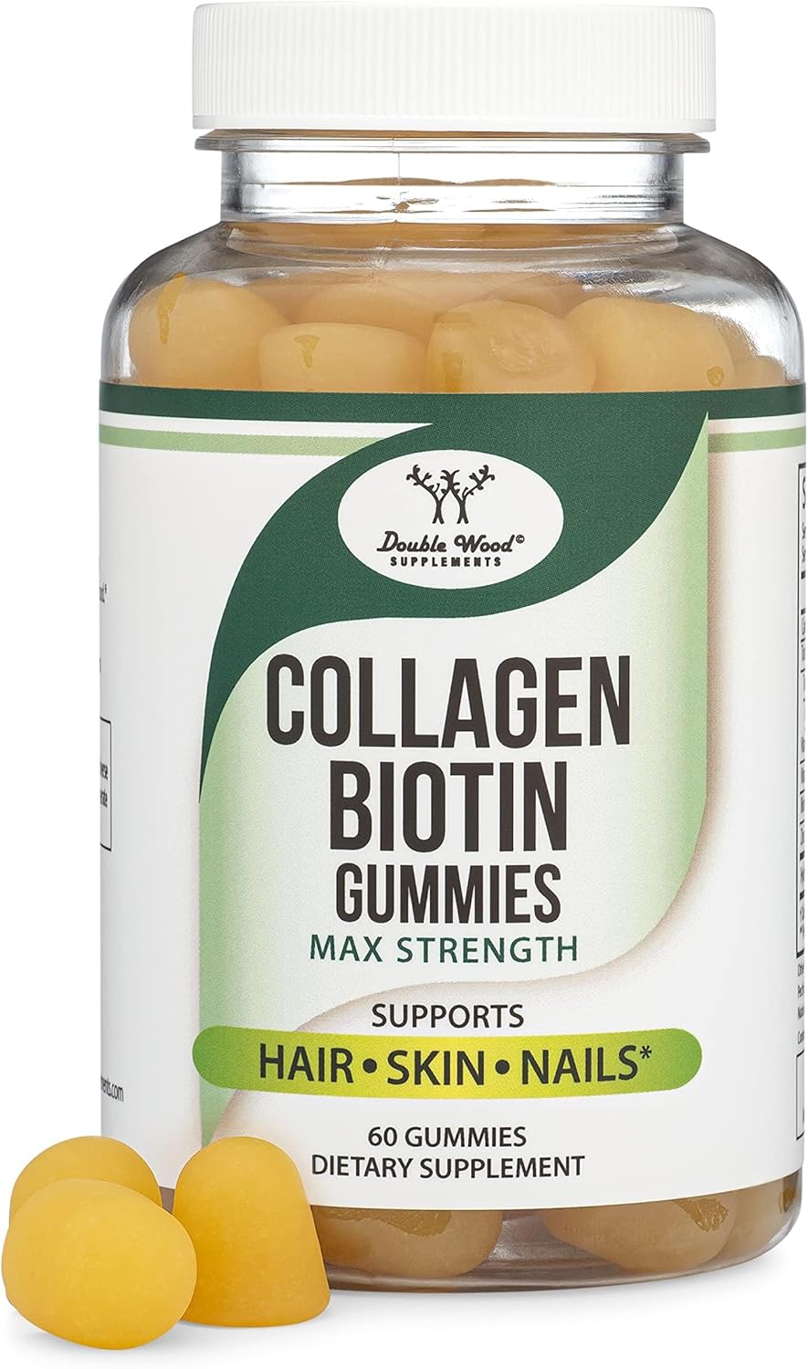 Double Wood Supplements Collagen Gummies with Biotin, Vitamin C, Zinc, Vitamin E - 60 Hair, Skin, Nails Vitamins for Longevity in Women and Men