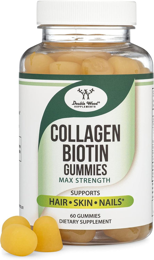 Double Wood Supplements Collagen Gummies with Biotin, Vitamin C, Zinc, Vitamin E - 60 Hair, Skin, Nails Vitamins for Longevity in Women and Men