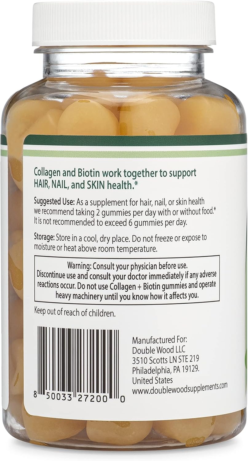 Double Wood Supplements Collagen Gummies with Biotin, Vitamin C, Zinc, Vitamin E - 60 Hair, Skin, Nails Vitamins for Longevity in Women and Men