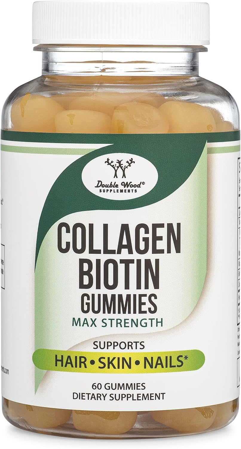 Double Wood Supplements Collagen Gummies with Biotin, Vitamin C, Zinc, Vitamin E - 60 Hair, Skin, Nails Vitamins for Longevity in Women and Men