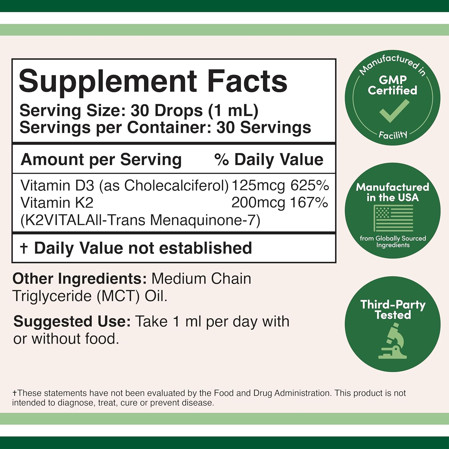 Double Wood Supplements Max Absorption Vitamin D3 K2 Liquid Drops - 5,000 IU D3 and 200mcg K2 MK-7 (K2Vital) - 30 Servings
