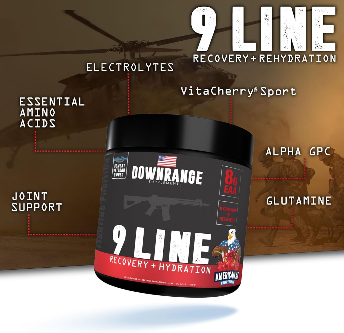 DownRange 9 Line Recovery + Hydration Powder - Electrolytes, Amino Acids, & Coconut Water for Muscle Recovery & Energy - 30 Servings