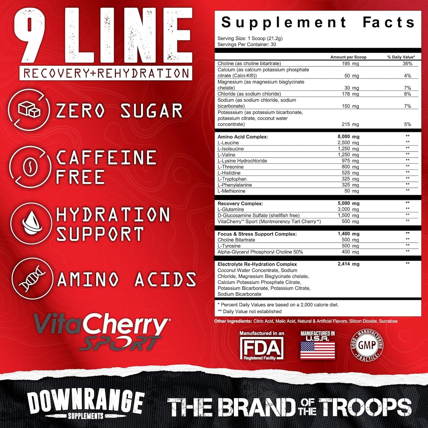 DownRange 9 Line Recovery + Hydration Powder - Electrolytes, Amino Acids, & Coconut Water for Muscle Recovery & Energy - 30 Servings