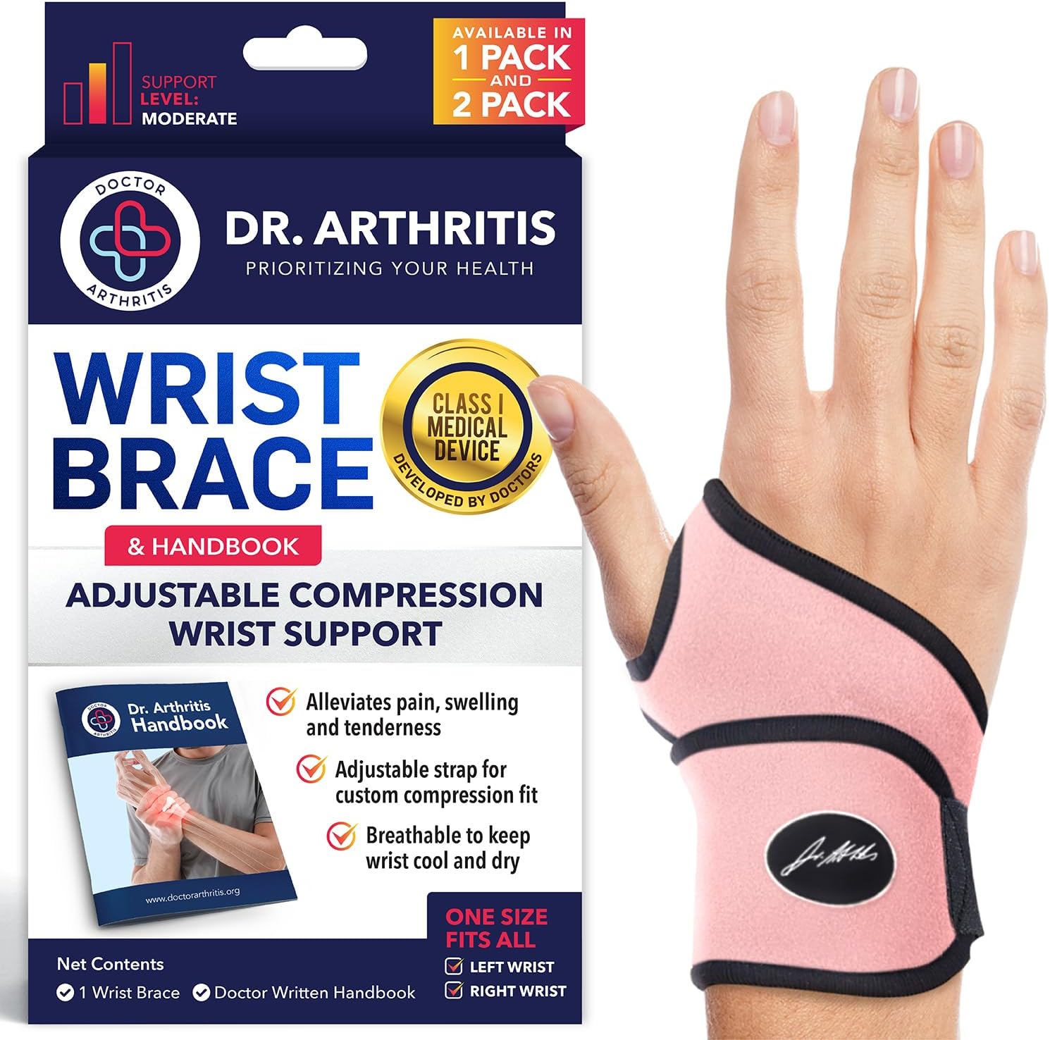 Dr. Arthritis Wrist Brace for Carpal Tunnel & Arthritis - Doctor Developed Hand Support for Fitness & Weightlifting - Pink, 1 Pack with Handbook