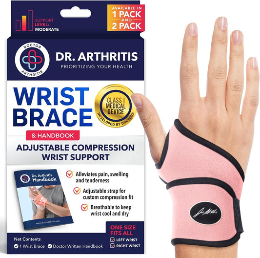 Dr. Arthritis Wrist Brace for Carpal Tunnel & Arthritis - Doctor Developed Hand Support for Fitness & Weightlifting - Pink, 1 Pack with Handbook