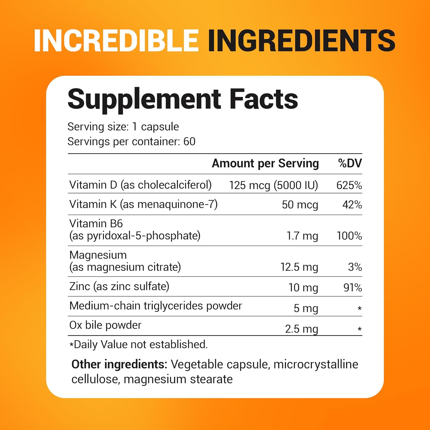 Dr. Berg D3 K2 Vitamin Supplement with MCT Powder - 5000 IU, 50 mcg MK7, Bile Salts, Zinc & Magnesium for Absorption - 60 Capsules