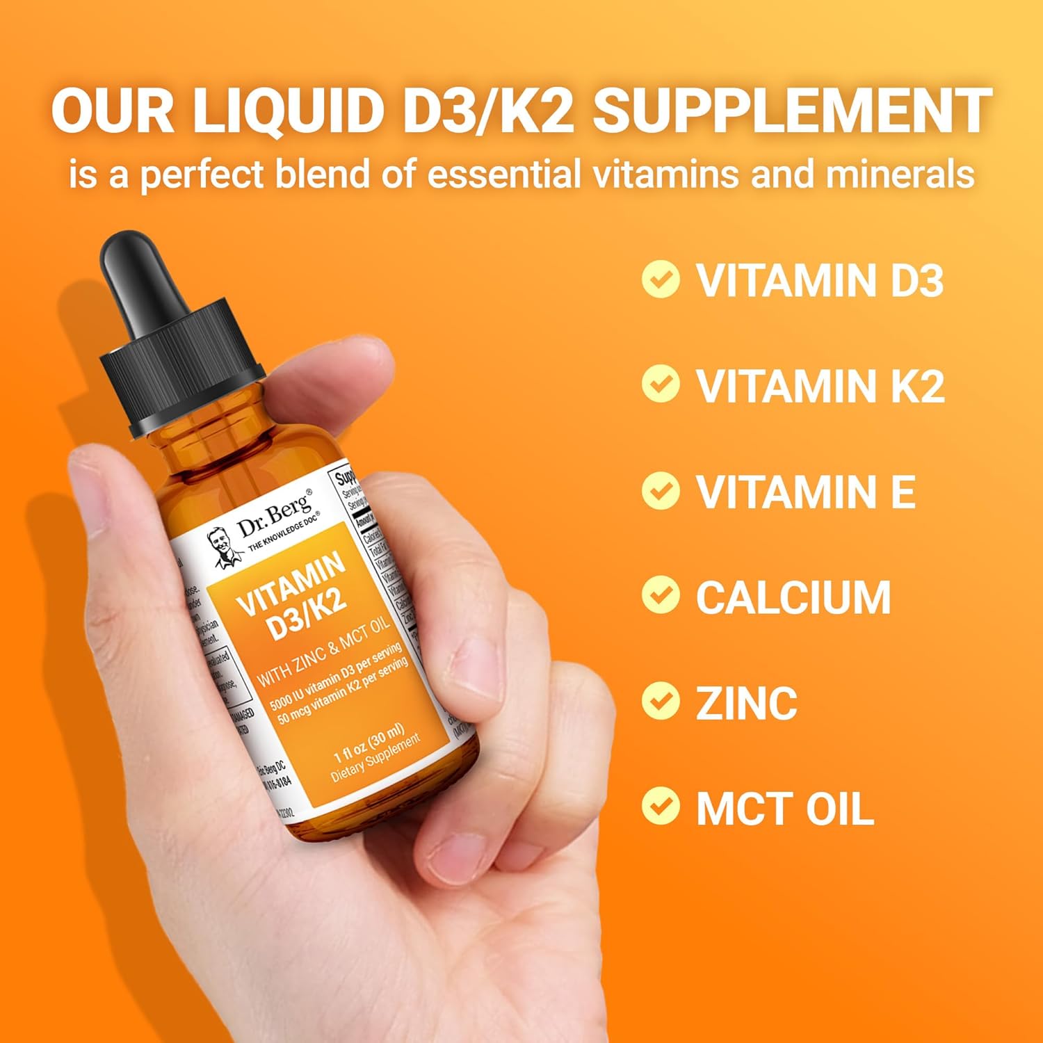 Dr. Berg Liquid Vitamin D3 & K2 Supplement with Zinc - Supports Bone, Teeth, Mood & Immune Health - 1 fl oz