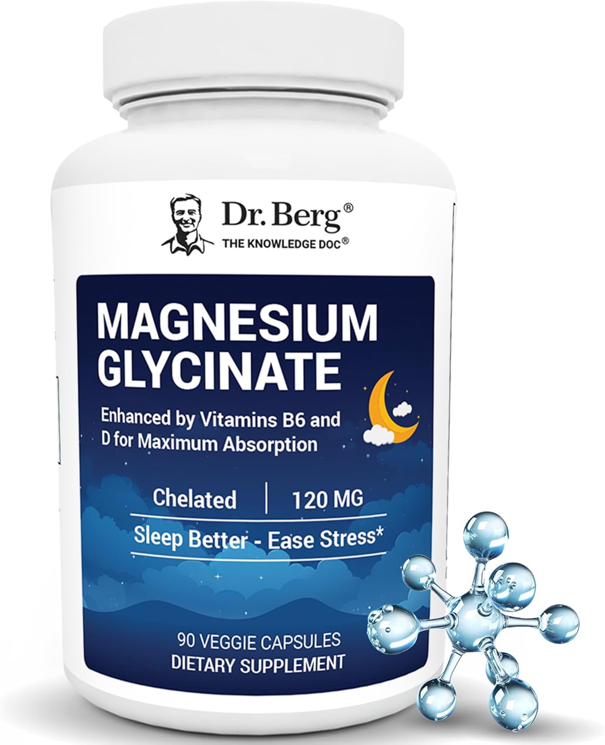 Dr. Berg Magnesium Glycinate Capsules with Vitamin D, B6 & Zinc for Stress Relief and Sleep Support - 120mg Magnesium Bisglycinate - 90 Count