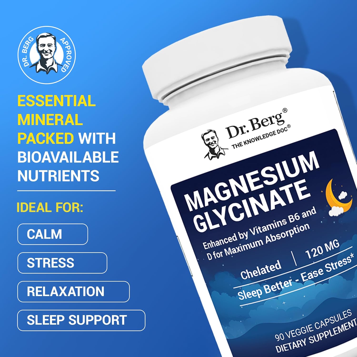 Dr. Berg Magnesium Glycinate Capsules with Vitamin D, B6 & Zinc for Stress Relief and Sleep Support - 120mg Magnesium Bisglycinate - 90 Count