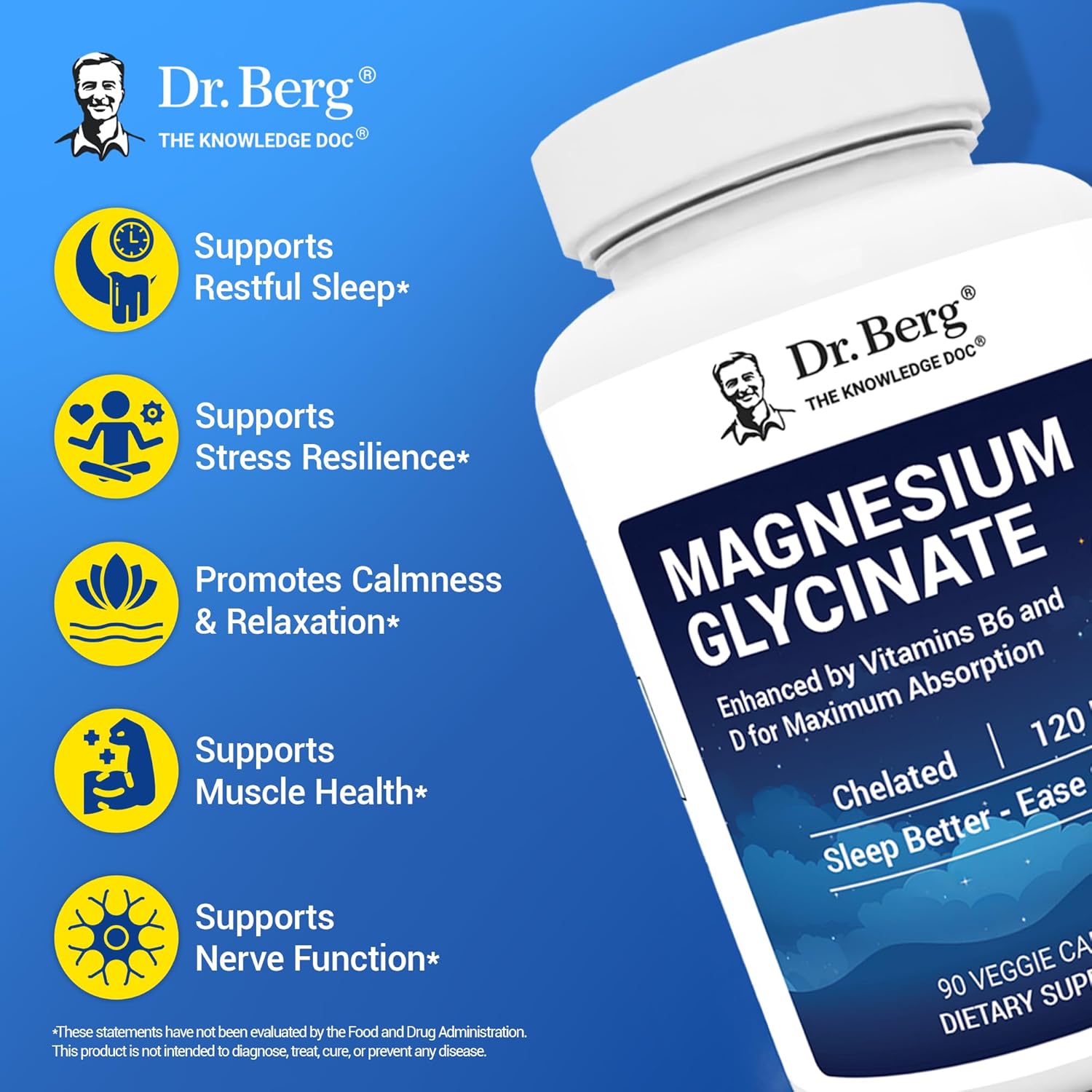 Dr. Berg Magnesium Glycinate Capsules with Vitamin D, B6 & Zinc for Stress Relief and Sleep Support - 120mg Magnesium Bisglycinate - 90 Count