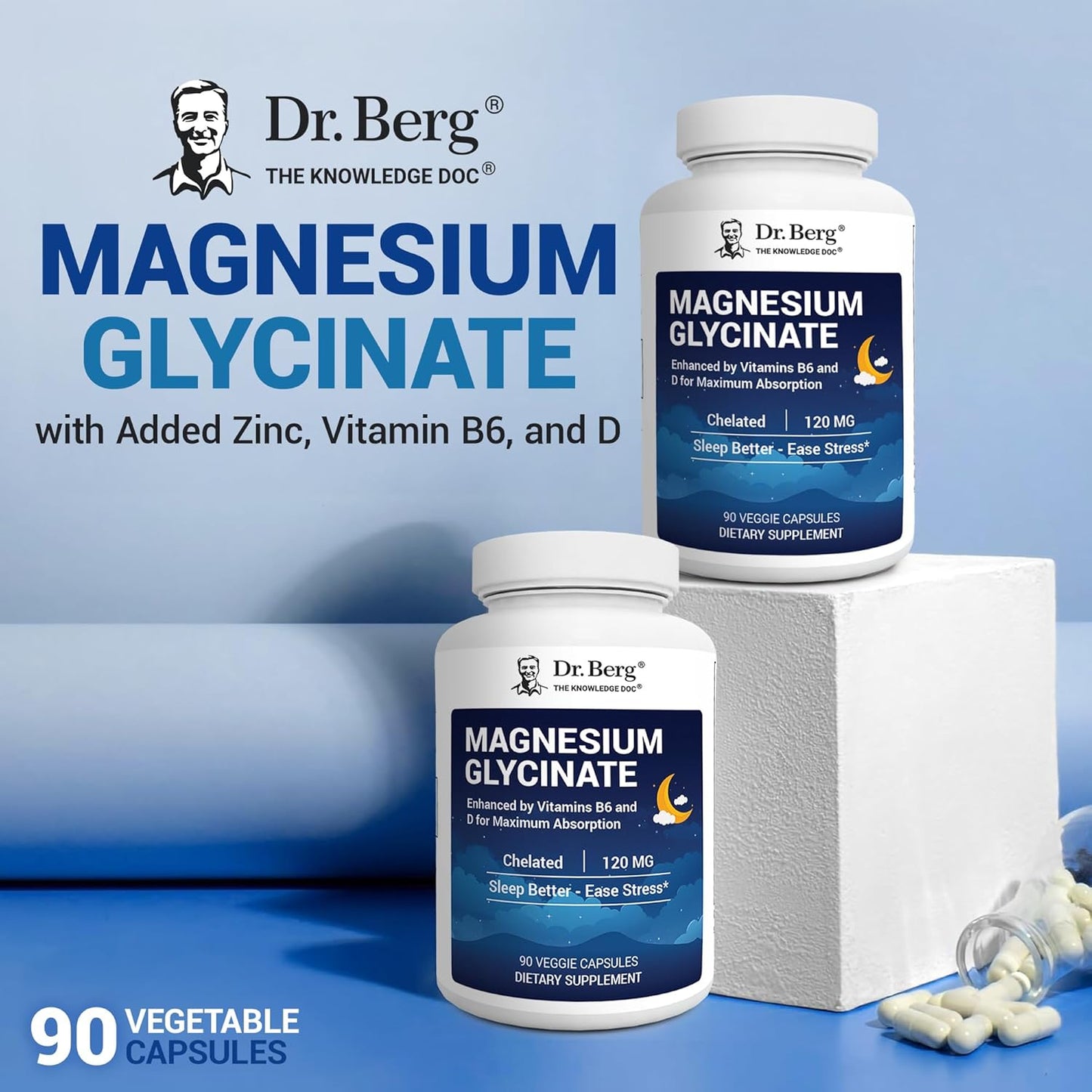 Dr. Berg Magnesium Glycinate Capsules with Vitamin D, B6 & Zinc for Stress Relief and Sleep Support - 120mg Magnesium Bisglycinate - 90 Count