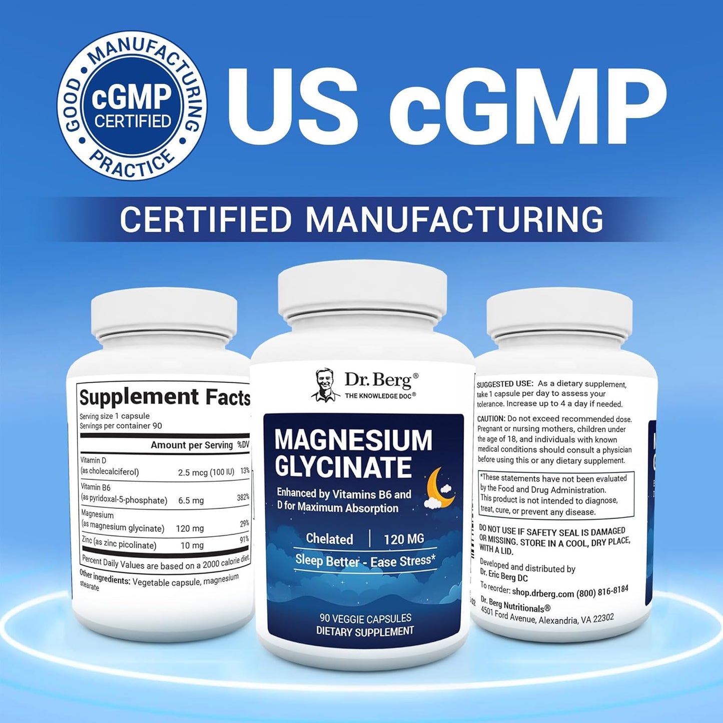 Dr. Berg Magnesium Glycinate Capsules with Vitamin D, B6 & Zinc for Stress Relief and Sleep Support - 120mg Magnesium Bisglycinate - 90 Count