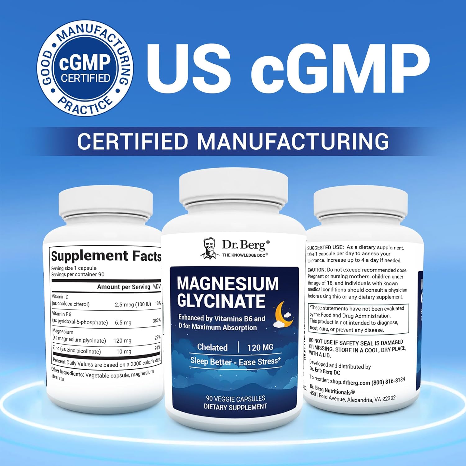Dr. Berg Magnesium Glycinate Capsules with Vitamin D, B6 & Zinc for Stress Relief and Sleep Support - 120mg Magnesium Bisglycinate - 90 Count