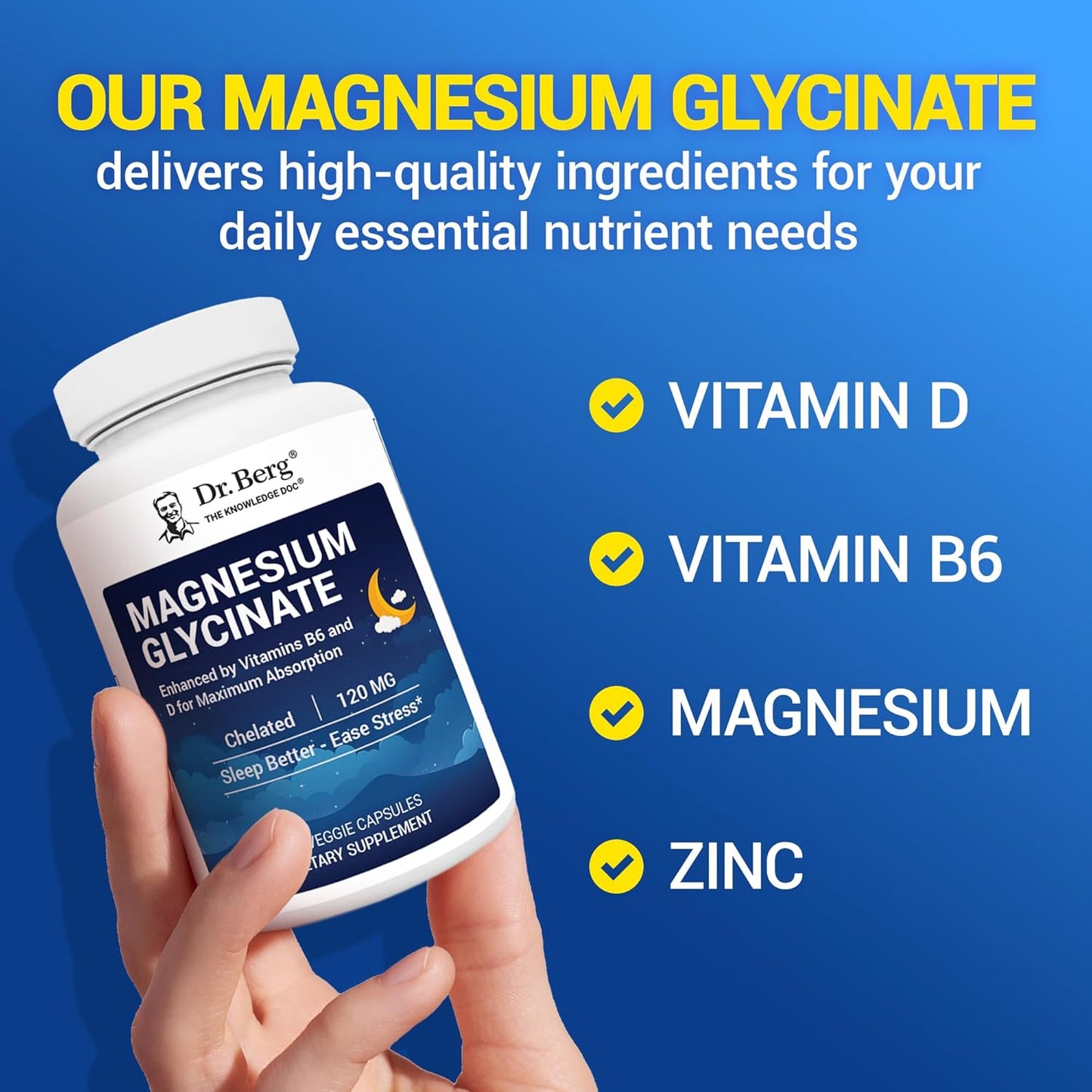 Dr. Berg Magnesium Glycinate Capsules with Vitamin D, B6 & Zinc for Stress Relief and Sleep Support - 120mg Magnesium Bisglycinate - 90 Count