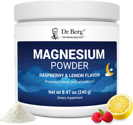 Dr. Berg Magnesium Glycinate Powder with Vitamin D3 & Zinc for Sleep, Relaxation, Stress Relief - Raspberry Lemon Flavor - 50 Servings