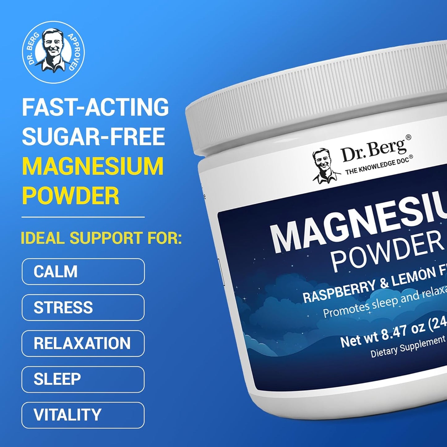 Dr. Berg Magnesium Glycinate Powder with Vitamin D3 & Zinc for Sleep, Relaxation, Stress Relief - Raspberry Lemon Flavor - 50 Servings