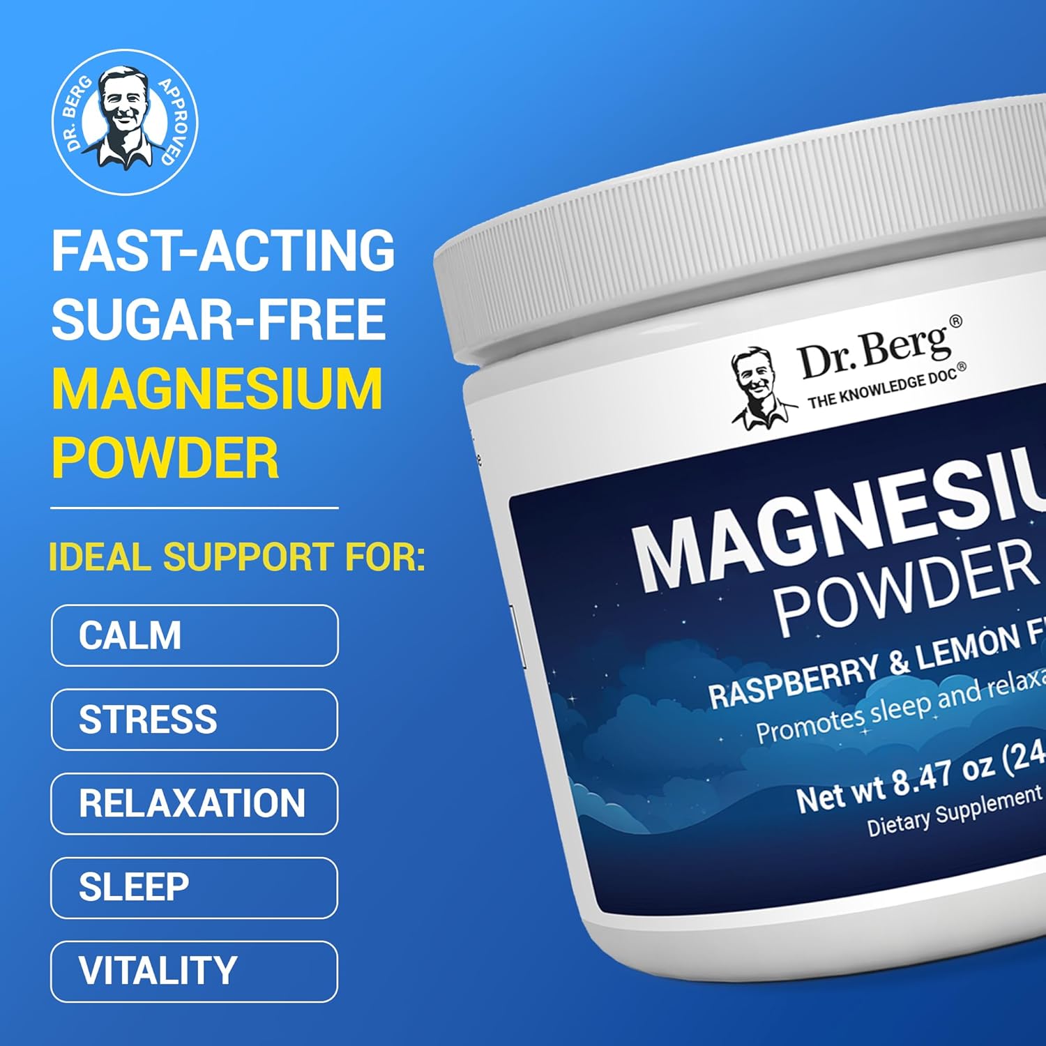 Dr. Berg Magnesium Glycinate Powder with Vitamin D3 & Zinc for Sleep, Relaxation, Stress Relief - Raspberry Lemon Flavor - 50 Servings