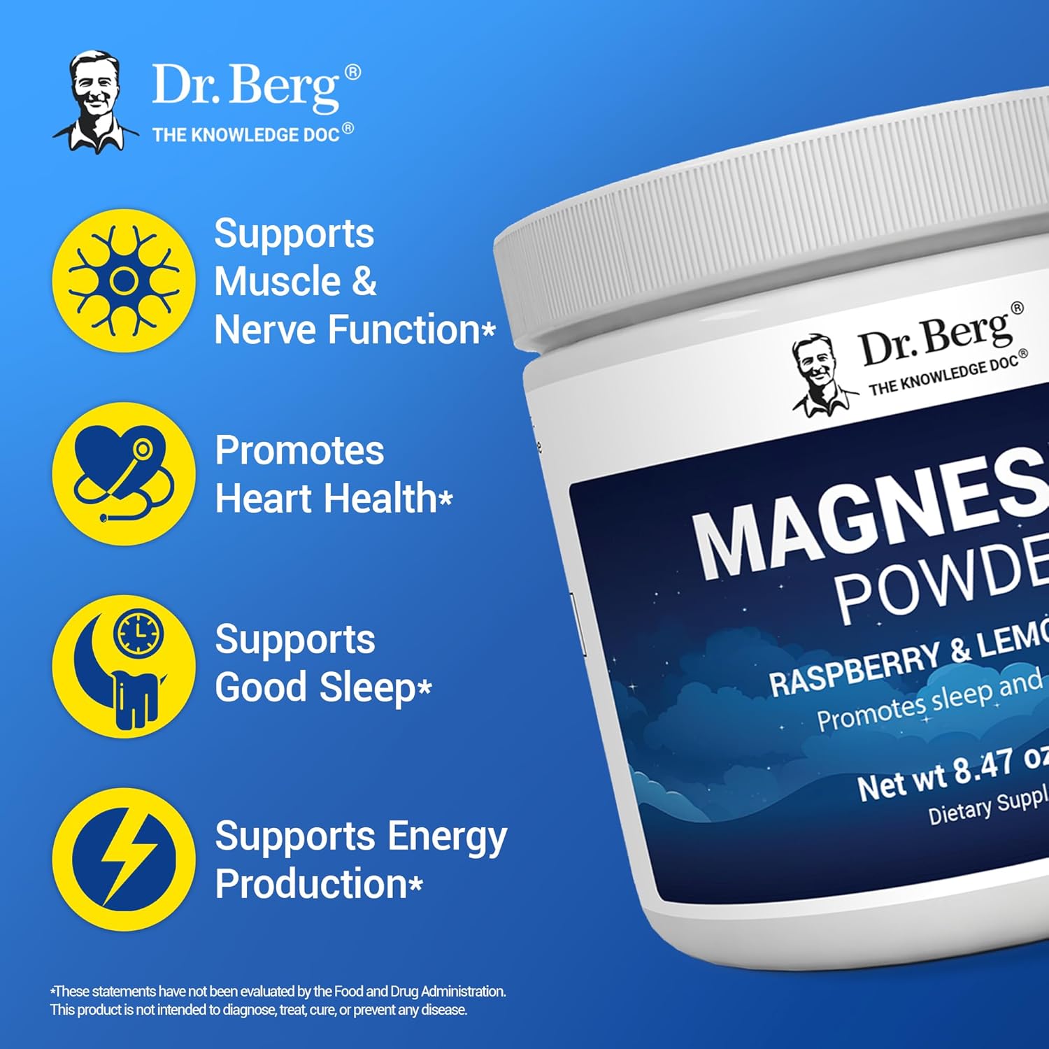 Dr. Berg Magnesium Glycinate Powder with Vitamin D3 & Zinc for Sleep, Relaxation, Stress Relief - Raspberry Lemon Flavor - 50 Servings