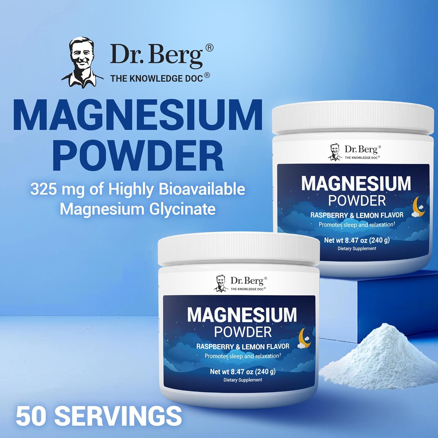 Dr. Berg Magnesium Glycinate Powder with Vitamin D3 & Zinc for Sleep, Relaxation, Stress Relief - Raspberry Lemon Flavor - 50 Servings