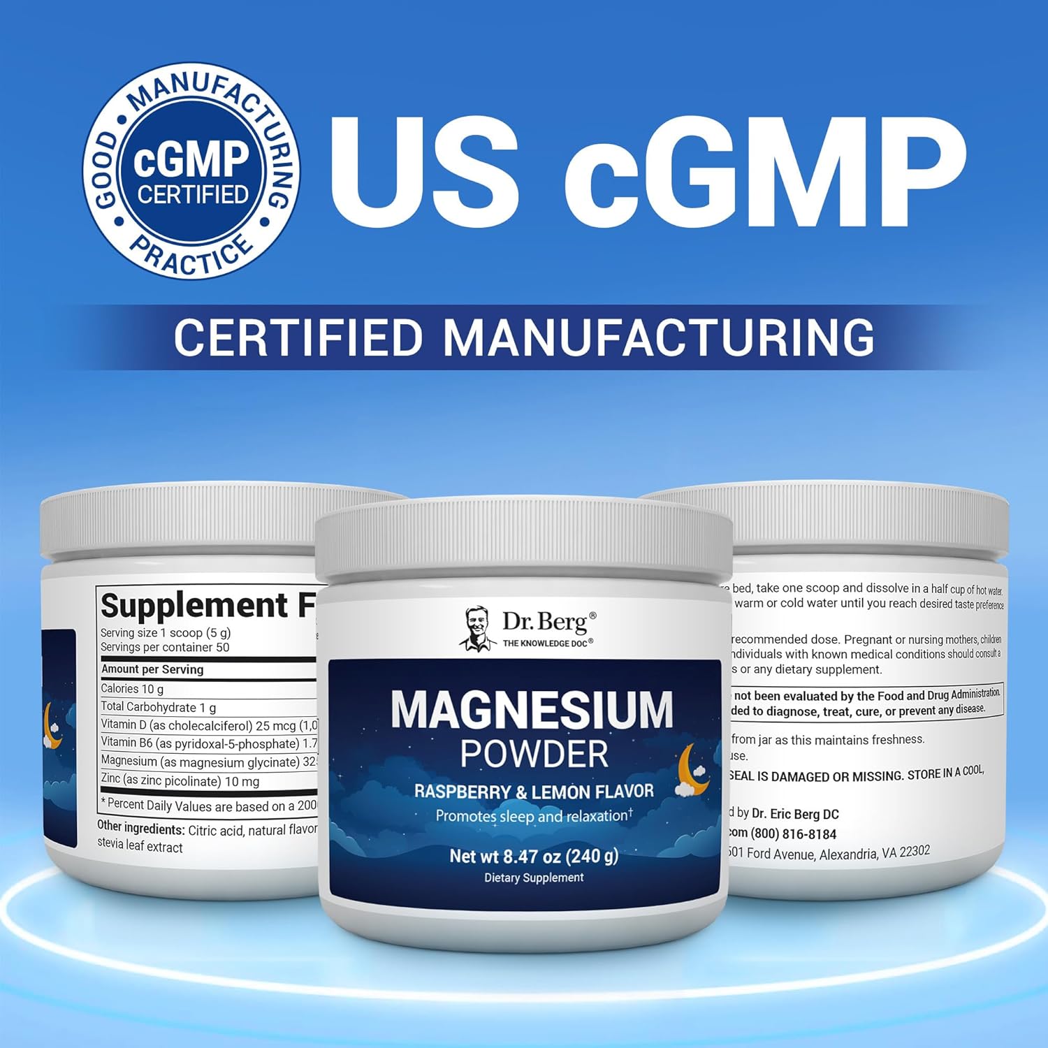 Dr. Berg Magnesium Glycinate Powder with Vitamin D3 & Zinc for Sleep, Relaxation, Stress Relief - Raspberry Lemon Flavor - 50 Servings