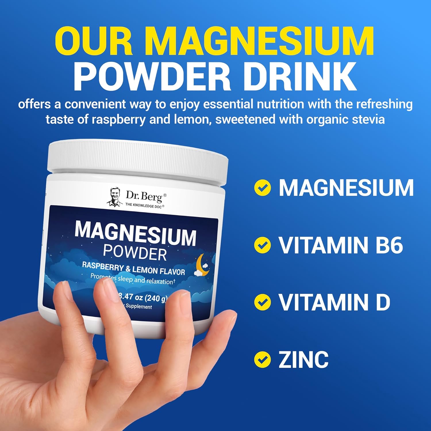 Dr. Berg Magnesium Glycinate Powder with Vitamin D3 & Zinc for Sleep, Relaxation, Stress Relief - Raspberry Lemon Flavor - 50 Servings