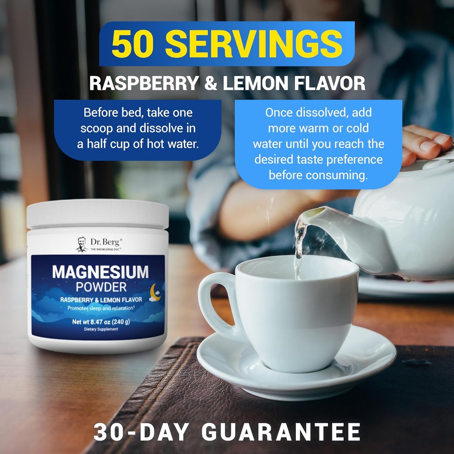 Dr. Berg Magnesium Glycinate Powder with Vitamin D3 & Zinc for Sleep, Relaxation, Stress Relief - Raspberry Lemon Flavor - 50 Servings