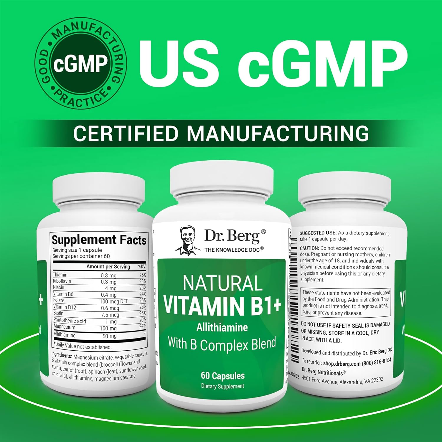 Dr. Berg Natural Vitamin B Complex Supplement with Allithiamine - Essential B1 B6 B12 Vitamins for Men & Women - 60 Capsules