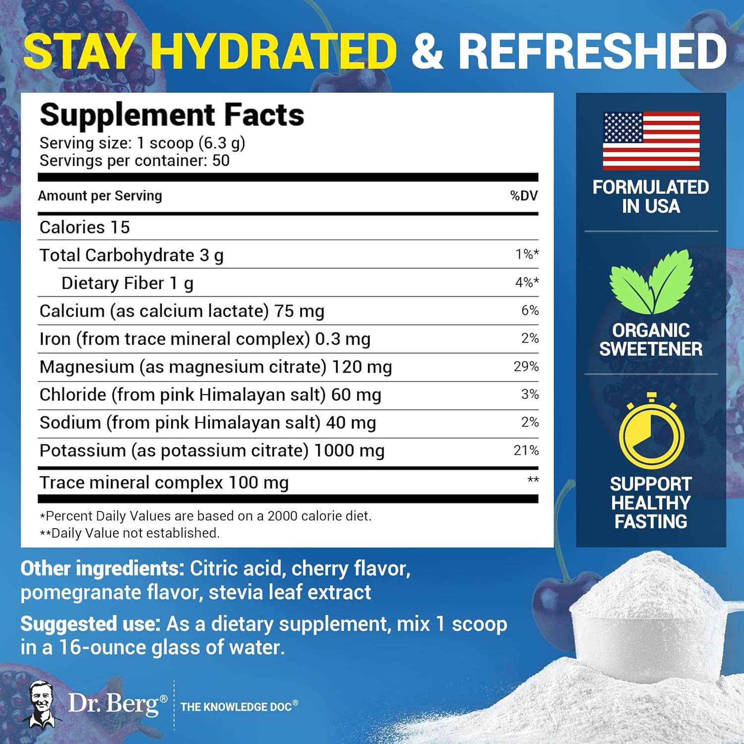 Dr. Berg Zero Sugar Hydration Keto Electrolyte Powder with Potassium and Himalayan Salt - Pomegranate Cherry Drink Supplement