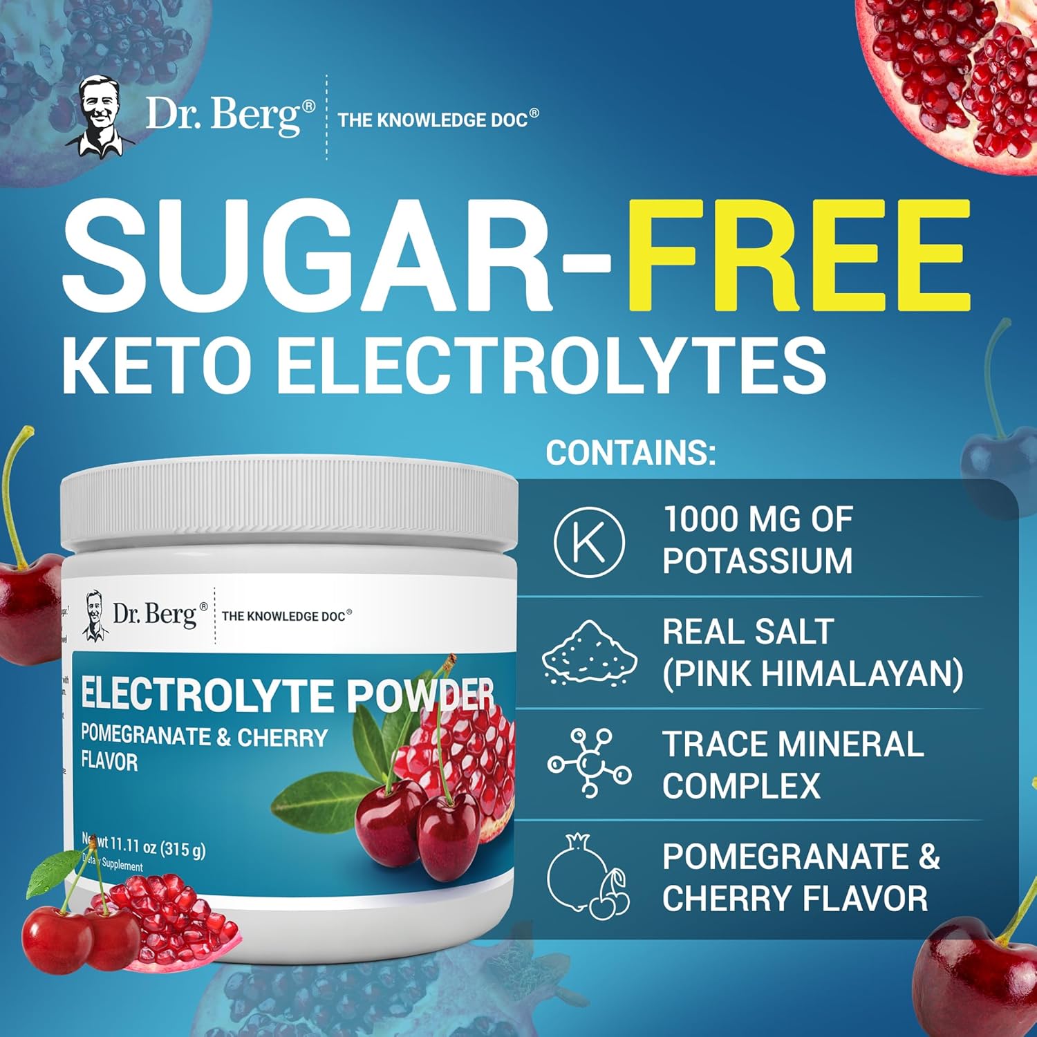 Dr. Berg Zero Sugar Hydration Keto Electrolyte Powder with Potassium and Himalayan Salt - Pomegranate Cherry Drink Supplement