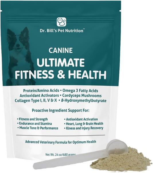 Dr. Bill's Canine Ultimate Fitness & Health Multivitamin for Dogs | with Coenzyme Q-10, Vitamin E, D-3, Biotin, Folic Acid, Hyaluronic Acid | Dog Vitamins 340g