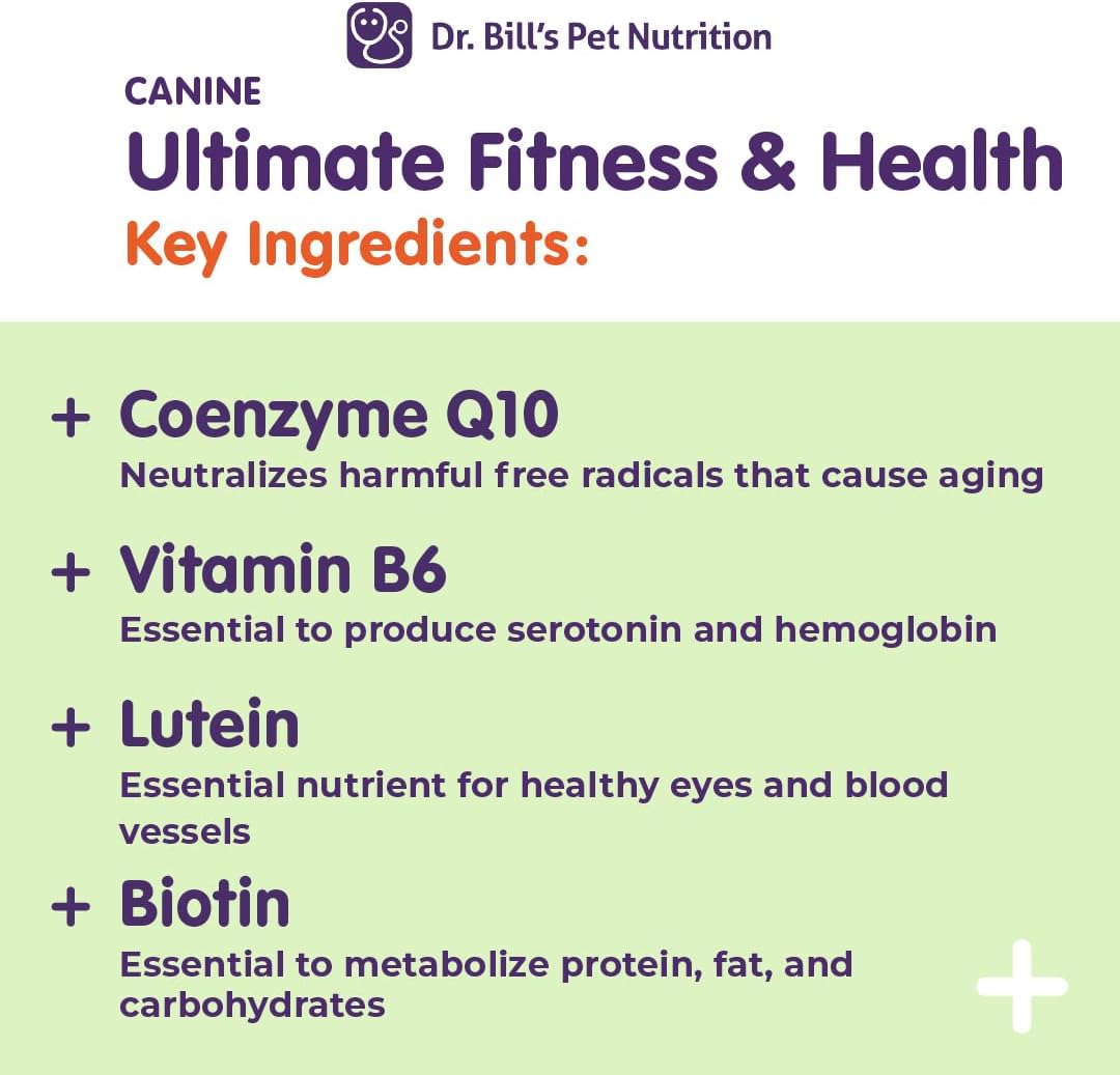 Dr. Bill's Canine Ultimate Fitness & Health Multivitamin for Dogs | with Coenzyme Q-10, Vitamin E, D-3, Biotin, Folic Acid, Hyaluronic Acid | Dog Vitamins 340g